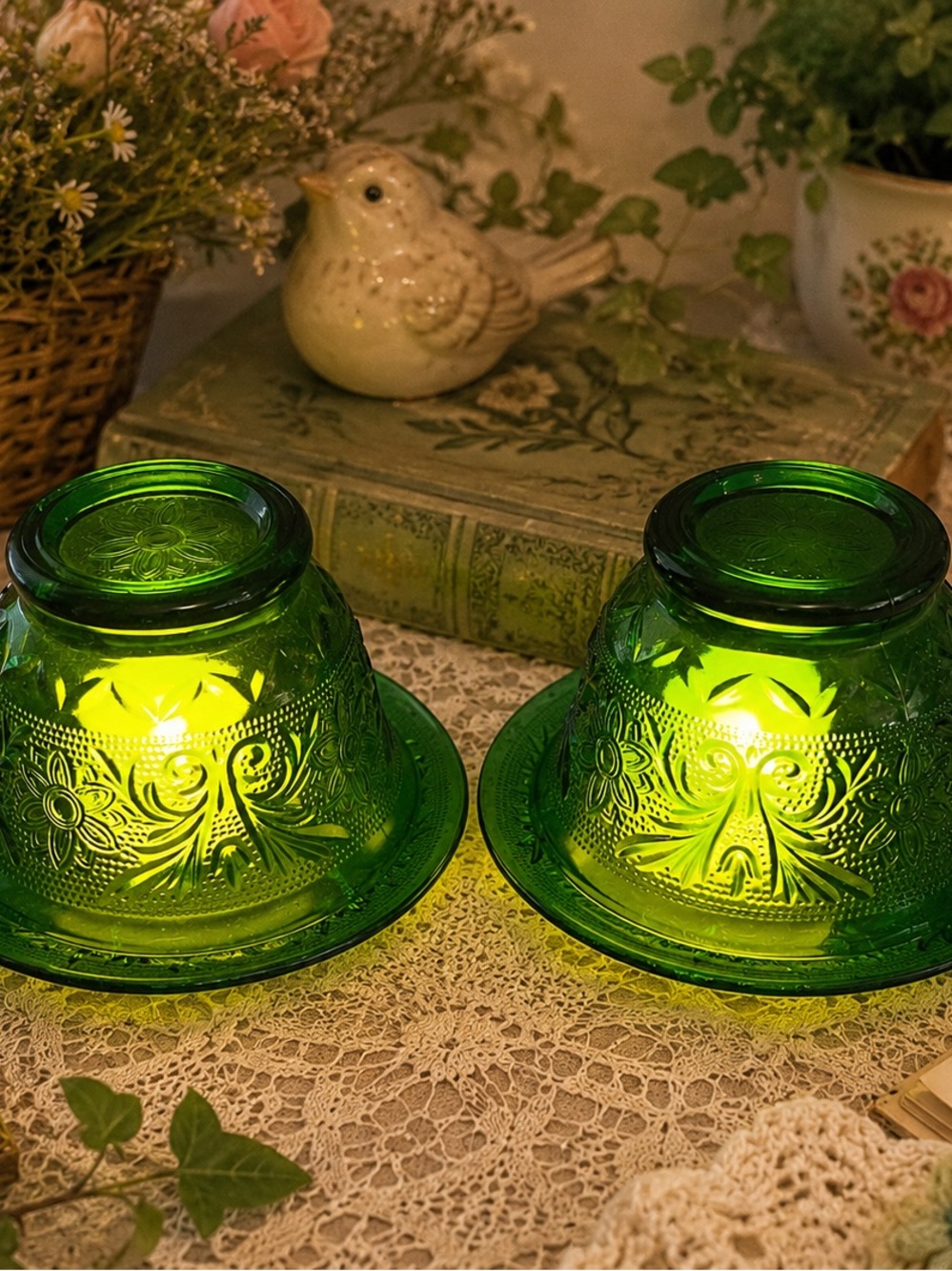 Set of 2 Emerald Green Tiara Sandwich Glass Fairy Lamps | Vintage Custard Cups